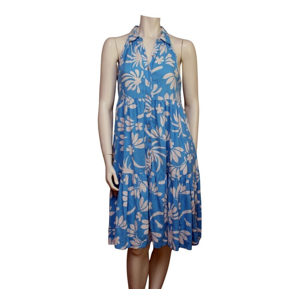 Nicole Miller Blue White Floral Linen Sleeveless Button Up Pleated Dress Size S